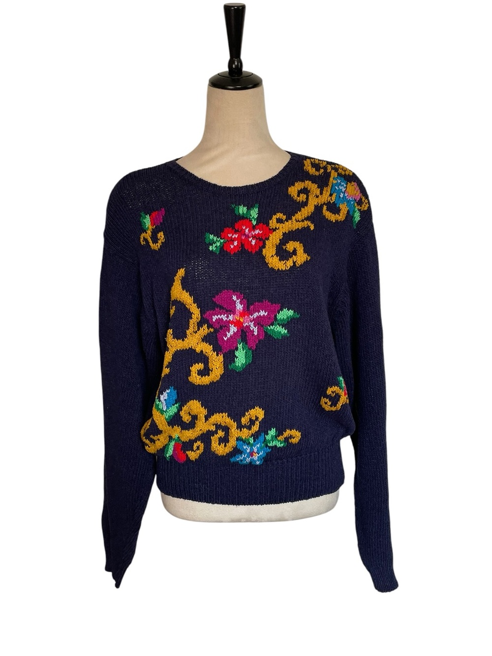 Vintage Liz Claiborne Silk Blend Floral Knit Sweater Navy Womens M